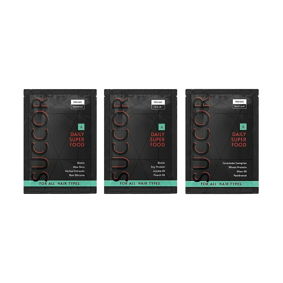 Набір пробників для щоденного догляду за волоссям Succor Daily Superfood Mini Set (шампунь, 10 мл + бальзам, 10 мл + маска, 10 мл)